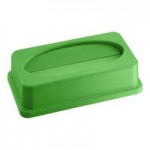 Lavex 69 Gallon 3-Stream Slim Rectangular Mobile Trash / Recycle / Compost Station with Black Drop Shot Lid, Green Drop Shot Lid, and Blue Can / Bottle Lid