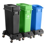 Lavex 69 Gallon 3-Stream Slim Rectangular Mobile Trash / Recycle / Compost Station with Black Drop Shot Lid, Green Drop Shot Lid, and Blue Can / Bottle Lid