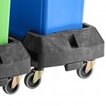 Lavex 69 Gallon 3-Stream Slim Rectangular Mobile Trash / Recycle / Compost Station with Black Drop Shot Lid, Green Drop Shot Lid, and Blue Can / Bottle Lid