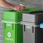 Lavex 69 Gallon 3-Stream Slim Rectangular Mobile Trash / Recycle / Compost Station with Black Drop Shot Lid, Green Drop Shot Lid, and Blue Can / Bottle Lid