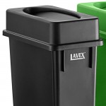 Lavex 69 Gallon 3-Stream Slim Rectangular Mobile Trash / Recycle / Compost Station with Black Drop Shot Lid, Green Drop Shot Lid, and Blue Can / Bottle Lid