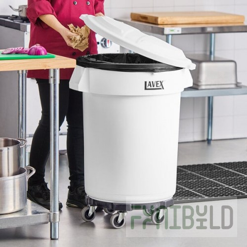 Lavex 32 Gallon White Round Commercial Trash Can with Lid and Dolly
