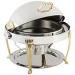 Bon Chef 14009 Elite Round 8 Qt. Dripless Stainless Steel with 24K Gold Accents Roll Top Chafer with Aurora Legs Bon Chef 14009 Elite Round 8 Qt. Dripless Stainless Steel with 24K Gold Accents Roll Top Chafer with Aurora Legs