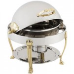 Bon Chef 14009 Elite Round 8 Qt. Dripless Stainless Steel with 24K Gold Accents Roll Top Chafer with Aurora Legs Bon Chef 14009 Elite Round 8 Qt. Dripless Stainless Steel with 24K Gold Accents Roll Top Chafer with Aurora Legs