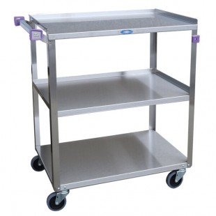 Lakeside 444A Medium-Duty Stainless Steel Three Shelf Utility Cart with Purple Handle and Leg Bumpers - 22 3/8 Lakeside 444A Medium-Duty Stainless Steel Three Shelf Utility Cart with Purple Handle and Leg Bumpers - 22 3/8