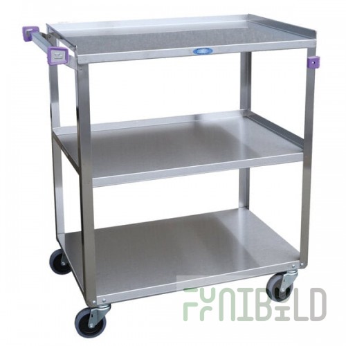 Lakeside 444A Medium-Duty Stainless Steel Three Shelf Utility Cart with Purple Handle and Leg Bumpers - 22 3/8