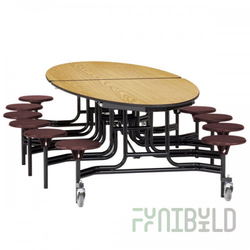 National Public Seating METS-PWPEPC 10' Elliptical Mobile Plywood Cafeteria Table with Powder Coated Frame, ProtectEdge, and 12 Stools