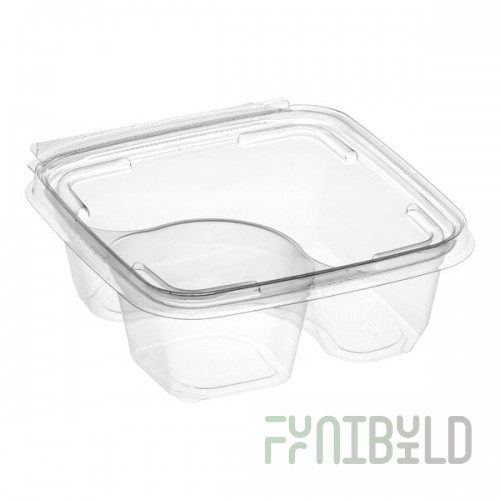 Inline Plastics Safe-T-Fresh 21.5 oz. Tamper-Resistant, Tamper-Evident Square Hinged 2-Compartment Deep Snack Container - 252/Case