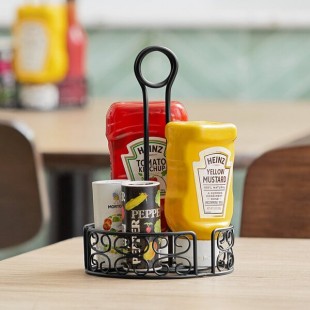 Choice Black Round Mediterranean Wrought Iron Condiment Caddy with Card Holder - 6