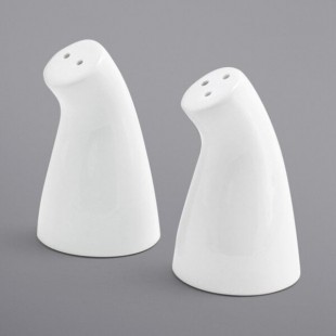 Front of the House 2 oz. White Porcelain Leaning Salt and Pepper Shaker Set - 12/Case Front of the House 2 oz. White Porcelain Leaning Salt and Pepper Shaker Set - 12/Case