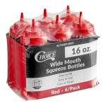 Choice 16 oz. Red Wide Mouth Squeeze Bottle - 6/Pack
