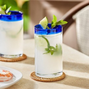 Acopa Tropic 16 oz. Cooler Glass with Blue Rim - Sample Acopa Tropic 16 oz. Cooler Glass with Blue Rim - Sample