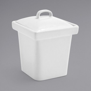 Front of the House Mod 4 oz. Bright White Square Porcelain Pot with Lid - 6/Case Front of the House Mod 4 oz. Bright White Square Porcelain Pot with Lid - 6/Case