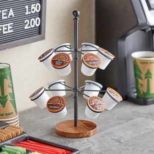 TableCraft 2-Tier Black Powder-Coated Steel and Acacia Wood Cone / Coffee Pod Holder