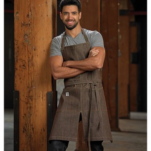 Mercer Culinary M63203BRN Metro Edge Zephyr Brown Cotton Denim Bib Apron with Adjustable Neck, Split Front, and 2 Pockets - 34