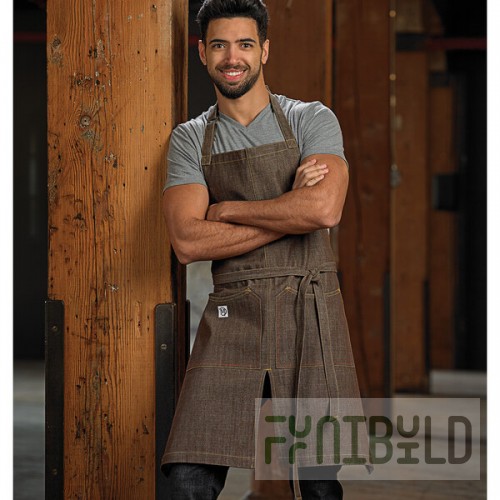 Mercer Culinary M63203BRN Metro Edge Zephyr Brown Cotton Denim Bib Apron with Adjustable Neck, Split Front, and 2 Pockets - 34