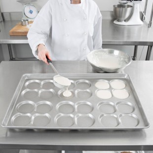 Chicago Metallic 42445 Glazed Aluminized Steel 24 Mold 2.82 oz. Clustered ePAN Hamburger Bun / Muffin Top / Cookie Pan - 17 11/16 Chicago Metallic 42445 Glazed Aluminized Steel 24 Mold 2.82 oz. Clustered ePAN Hamburger Bun / Muffin Top / Cookie Pan - 17 11/16