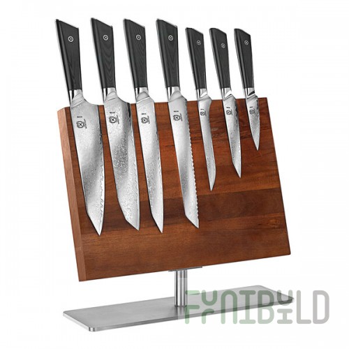 Mercer Culinary 8-Piece Damascus-Style Knife Set with Magnetic Acacia Stand and Stainless Steel Base M21947