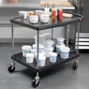 Metro myCart MY2636-25BL Black Utility Cart with Two Shelves and Chrome Posts - 28 Metro myCart MY2636-25BL Black Utility Cart with Two Shelves and Chrome Posts - 28