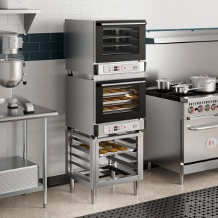 Cooking Performance Group COH-D4-M Double Stacked Electric Digital 4 Tray Half Size Convection Oven with Moisture Injection and Stand - 208-240V Cooking Performance Group COH-D4-M Double Stacked Electric Digital 4 Tray Half Size Convection Oven with Moisture Injection and Stand - 208-240V
