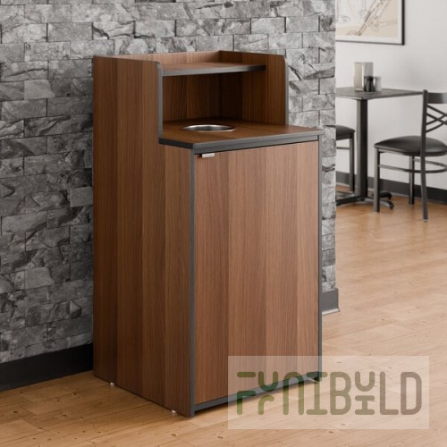 Lancaster Table & Seating Waste 32 Gallon Walnut Waste Receptacle Enclosure with Drop Hole and Tray Shelf