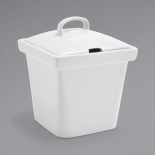 Front of the House Mod 15 oz. Bright White Square Porcelain Pot with Notched Lid - 6/Case Front of the House Mod 15 oz. Bright White Square Porcelain Pot with Notched Lid - 6/Case