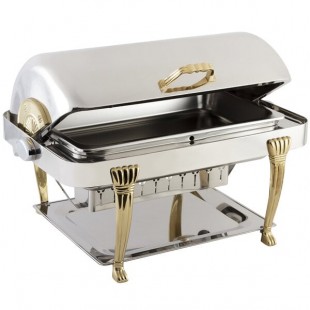 Bon Chef 12040 Elite Rectangle 8 Qt. Dripless Stainless Steel with Brass Accents Roll Top Chafer with Aurora Legs Bon Chef 12040 Elite Rectangle 8 Qt. Dripless Stainless Steel with Brass Accents Roll Top Chafer with Aurora Legs