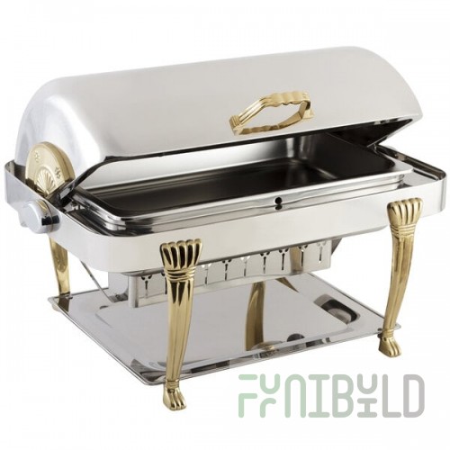 Bon Chef 12040 Elite Rectangle 8 Qt. Dripless Stainless Steel with Brass Accents Roll Top Chafer with Aurora Legs