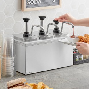 ServSense Triple 2 Qt. Stainless Steel Condiment Dispenser - 3 Stainless Steel Pumps with Adjustable Portion Control