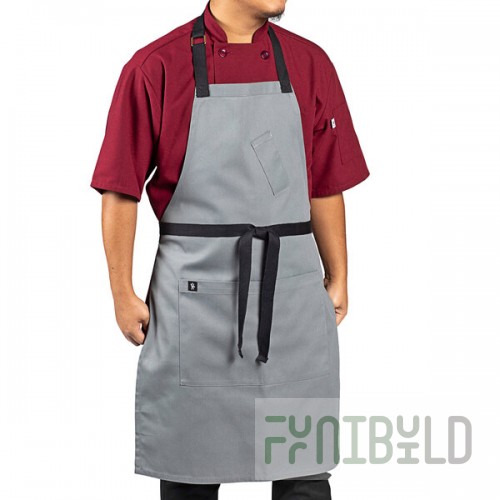 Uncommon Chef 3128 Gray Customizable Poly-Cotton Surge Bib Apron with Black Webbing and 3 Pockets - 34