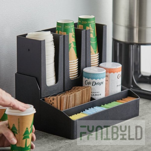 Choice Black 6-Section Countertop Cup, Lid, and Coffee Condiment Organizer