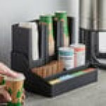 Choice Black 6-Section Countertop Cup, Lid, and Coffee Condiment Organizer