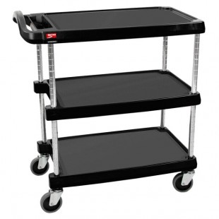 Metro myCart MY1627-34BL Black Utility Cart with Three Shelves and Chrome Posts - 18 Metro myCart MY1627-34BL Black Utility Cart with Three Shelves and Chrome Posts - 18