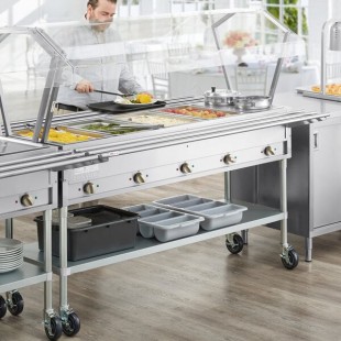 ServIt Five Pan Open Well Electric Steam Table with 2-Sided Sneeze Guard, (2) Tubular Tray Slides, and Casters - 208/240V, 3750W