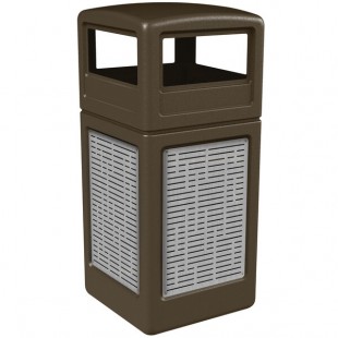 Commercial Zone 732906299 42 Gallon Brown Square Trash Can with Stainless Steel Horizontal Line Panels and Dome Lid