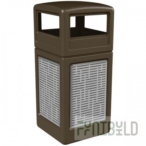 Commercial Zone 732906299 42 Gallon Brown Square Trash Can with Stainless Steel Horizontal Line Panels and Dome Lid