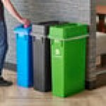 Lavex 69 Gallon 3-Stream Slim Rectangular Trash / Recycle / Compost Station with Black Drop Shot Lid, Green Drop Shot Lid, and Blue Can / Bottle Lid
