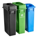 Lavex 69 Gallon 3-Stream Slim Rectangular Trash / Recycle / Compost Station with Black Drop Shot Lid, Green Drop Shot Lid, and Blue Can / Bottle Lid