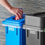 Lavex 69 Gallon 3-Stream Slim Rectangular Trash / Recycle / Compost Station with Black Drop Shot Lid, Green Drop Shot Lid, and Blue Can / Bottle Lid