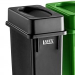 Lavex 69 Gallon 3-Stream Slim Rectangular Trash / Recycle / Compost Station with Black Drop Shot Lid, Green Drop Shot Lid, and Blue Can / Bottle Lid
