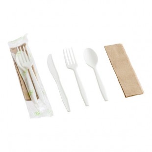Fineline 42CKFSK.WH Conserveware Individually Wrapped White CPLA Flatware and Utensils Kit with Napkin - 250/Case
