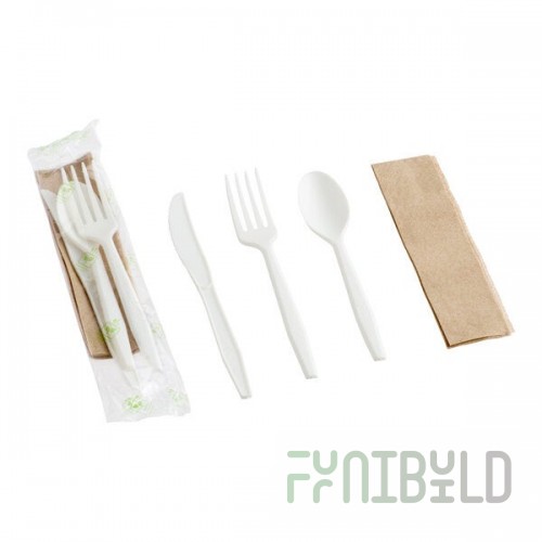 Fineline 42CKFSK.WH Conserveware Individually Wrapped White CPLA Flatware and Utensils Kit with Napkin - 250/Case