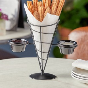 TableCraft ACR259 Vertigo Round Black Appetizer Wire Cone Basket with 2 Ramekins - 5