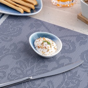 Ariane Lir 1 oz. Blue and White Ombre Oval Irregular Porcelain Coupe Bowl - 24/Case Ariane Lir 1 oz. Blue and White Ombre Oval Irregular Porcelain Coupe Bowl - 24/Case