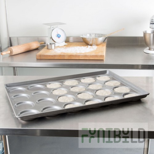 Chicago Metallic 42345 Glazed Aluminized Steel 24 Mold 3.31 oz. Individual Hamburger Bun / Muffin Top / Cookie Pan - 19 1/2