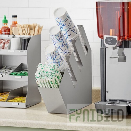 ServSense Stainless Steel 4-Section Slanted Countertop Cup / Lid / Straw Organizer