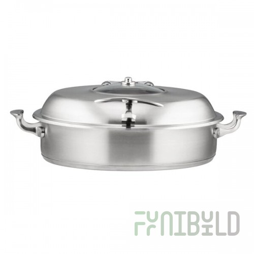 Bon Chef 60030SHL Cucina 6 Qt. Stainless Steel Induction Brazier Pan with Slow Down Hinged Glass Cover