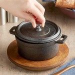 Valor 16 oz. Pre-Seasoned Mini Cast Iron Pot with Rustic Chestnut Finish Rubberwood Underliner