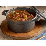 Valor 16 oz. Pre-Seasoned Mini Cast Iron Pot with Rustic Chestnut Finish Rubberwood Underliner