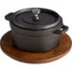 Valor 16 oz. Pre-Seasoned Mini Cast Iron Pot with Rustic Chestnut Finish Rubberwood Underliner